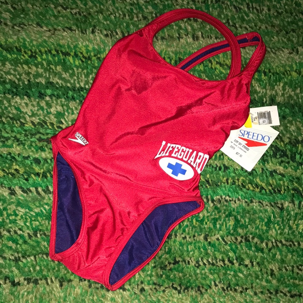 Speedo Red Lifeguard One-Piece Swimsuit with Navy Accents